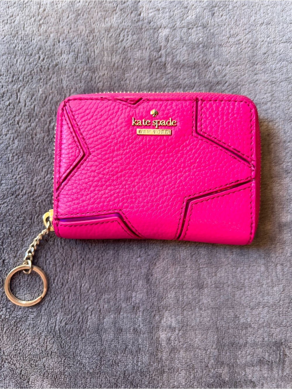 Kate Spade New York Bright Pink Pebbled Leather Star Zip-Around Wallet Keychain